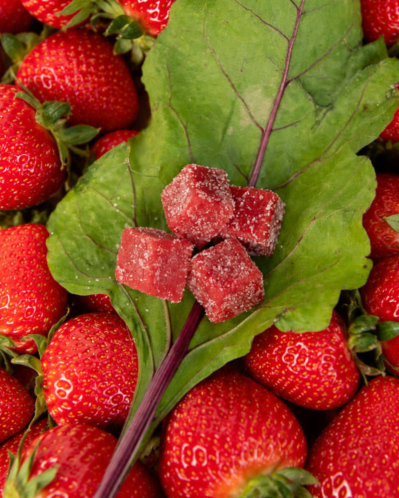 creatine gummies on top of a leaf with strawberries